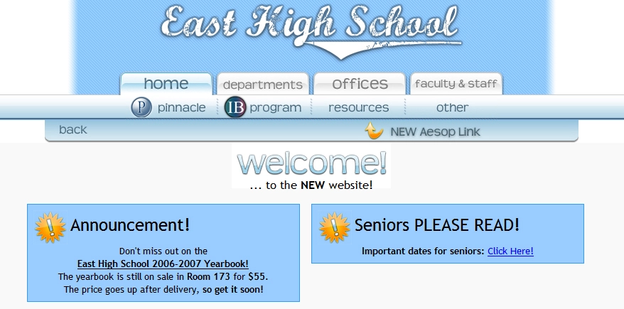 East High School Website screenshot